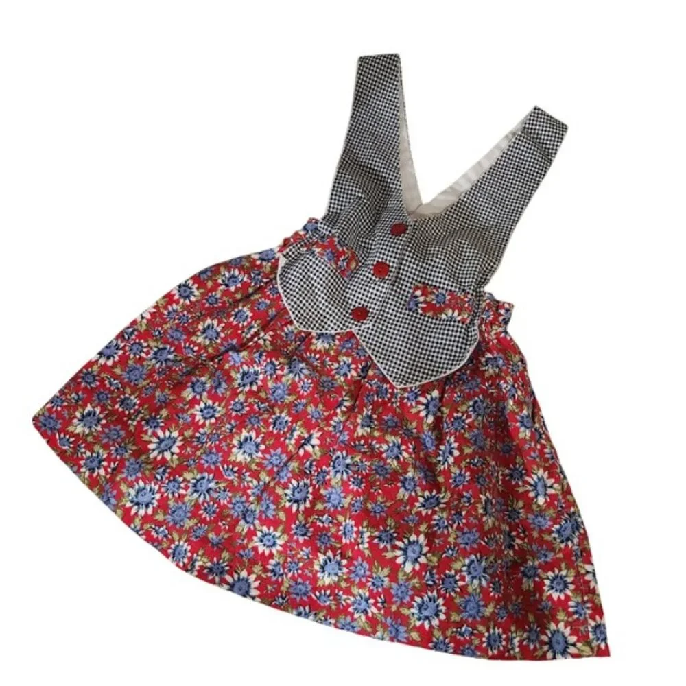 Vintage 90s‎ Jilly Kids Pinafore Dress Red Floral Gingham Mary Kate Ashley style